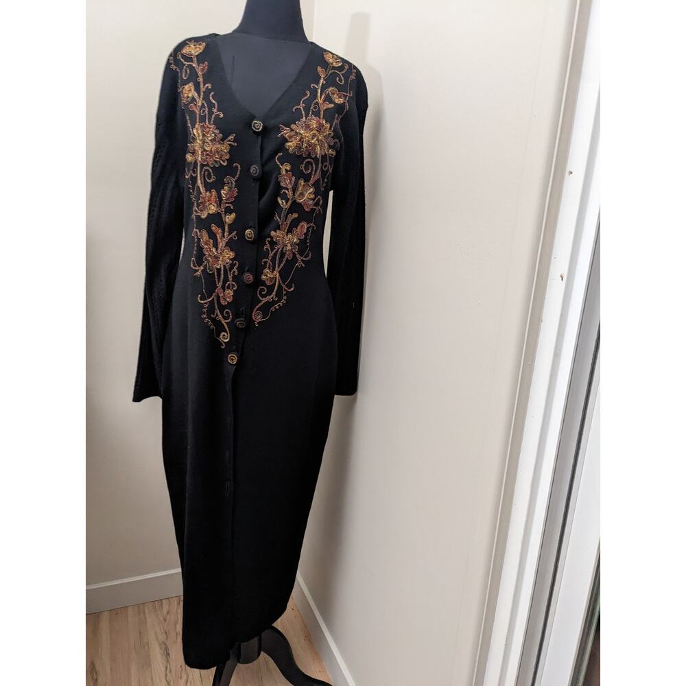 FLAW Vintage Carole Little Embroidered Black Button Up Sweater Dress Size XL
